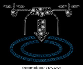 Bright mesh drone landing with glare effect. Abstract illuminated model of drone landing icon. Shiny wire carcass polygonal network drone landing. Vector abstraction on a black background.
