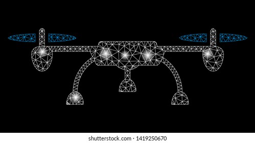 Bright mesh drone with lightspot effect. Abstract illuminated model of drone icon. Shiny wire frame triangular network drone. Vector abstraction on a black background.