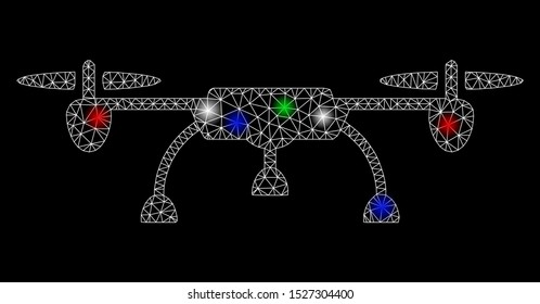 Bright mesh drone with lightspot effect. White wire carcass triangular mesh in vector format on a black background. Abstract 2d mesh designed with polygonal grid, points, colored flare spots.