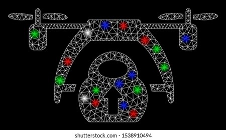 Bright mesh drone loading with glare effect. White wire frame triangular mesh in vector format on a black background. Abstract 2d mesh built from triangular lines, spheric points, colored flash spots.