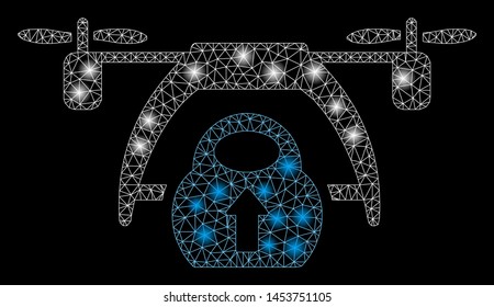 Bright mesh drone loading with lightspot effect. Abstract illuminated model of drone loading icon. Shiny wire carcass polygonal mesh drone loading. Vector abstraction on a black background.