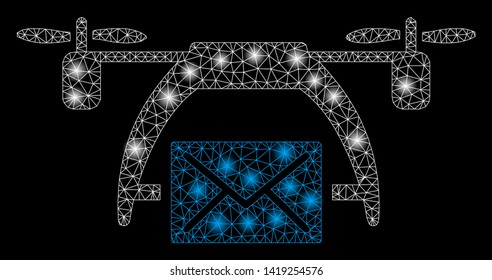 Bright mesh drone mail with glow effect. Abstract illuminated model of drone mail icon. Shiny wire frame polygonal mesh drone mail. Vector abstraction on a black background.