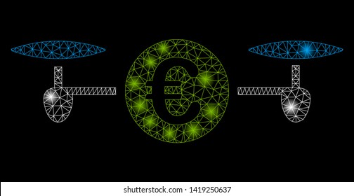 Bright mesh drone payment with glare effect. Abstract illuminated model of drone payment icon. Shiny wire frame triangular mesh drone payment. Vector abstraction on a black background.