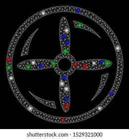 Bright mesh drone screw rotation with glare effect. White wire frame polygonal network in vector format on a black background. Abstract 2d mesh designed with polygonal grid, spheric points,