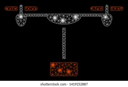Bright mesh drone shipment with glow effect. Abstract illuminated model of drone shipment icon. Shiny wire frame polygonal mesh drone shipment. Vector abstraction on a black background.