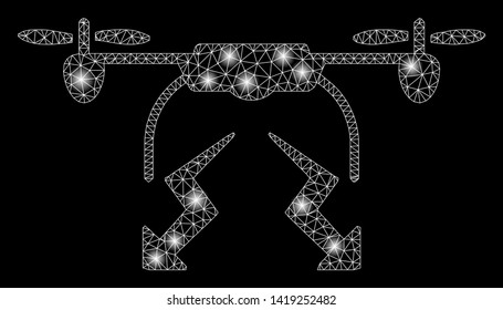 Bright mesh drone strike with glare effect. Abstract illuminated model of drone strike icon. Shiny wire carcass triangular mesh drone strike. Vector abstraction on a black background.