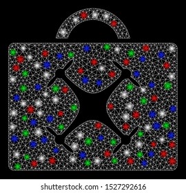 Bright mesh drone toolbox with glare effect. White wire frame triangular mesh in vector format on a black background. Abstract 2d mesh built from polygonal grid, round dots, colored glare spots.