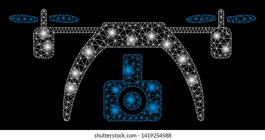 Bright mesh drone video camera with glow effect. Abstract illuminated model of drone video camera icon. Shiny wire carcass polygonal mesh drone video camera. Vector abstraction on a black background.