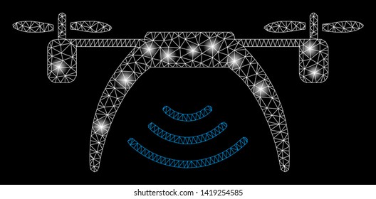 Bright mesh drone WiFi repeater with glow effect. Abstract illuminated model of drone WiFi repeater icon. Shiny wire carcass triangular mesh drone WiFi repeater.