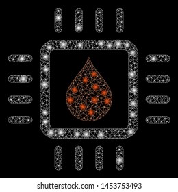 Bright mesh drop analysis chip with glare effect. Abstract illuminated model of drop analysis chip icon. Shiny wire frame polygonal mesh drop analysis chip. Vector abstraction on a black background.