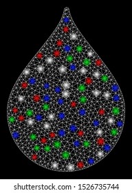 Bright mesh drop with glare effect. White wire frame triangular network in vector format on a black background. Abstract 2d mesh created from triangular lines, points, colorful glare spots.