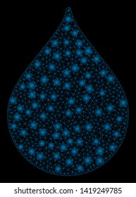 Bright mesh drop with glow effect. Abstract illuminated model of drop icon. Shiny wire frame polygonal mesh drop. Vector abstraction on a black background.