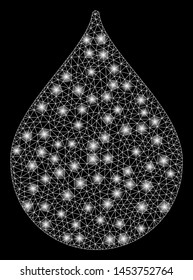 Bright mesh drop with glow effect. Abstract illuminated model of drop icon. Shiny wire carcass triangular mesh drop. Vector abstraction on a black background.