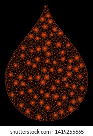 Bright mesh drop with lightspot effect. Abstract illuminated model of drop icon. Shiny wire frame polygonal mesh drop. Vector abstraction on a black background.