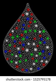 Bright mesh drop with lightspot effect. White wire frame polygonal network in vector format on a black background. Abstract 2d mesh designed with polygonal grid, dots, colorful glare spots.