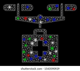 Bright mesh drug drone delivery with glow effect. White wire carcass polygonal mesh in vector format on a black background. Abstract 2d mesh designed with polygonal grid, points, colorful flash spots.