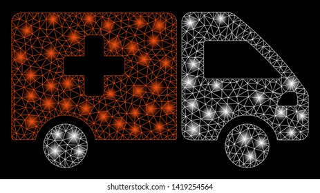 Bright mesh drug shipment with glow effect. Abstract illuminated model of drug shipment icon. Shiny wire frame triangular mesh drug shipment. Vector abstraction on a black background.