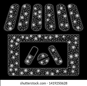 Bright mesh drug shop with glare effect. Abstract illuminated model of drug shop icon. Shiny wire frame polygonal mesh drug shop. Vector abstraction on a black background.
