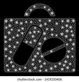 Bright mesh drugs case with glare effect. Abstract illuminated model of drugs case icon. Shiny wire carcass triangular mesh drugs case. Vector abstraction on a black background.