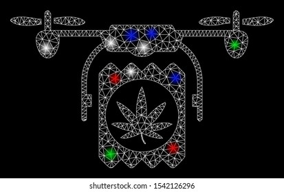 Bright mesh drugs drone delivery with lightspot effect. White wire frame triangular mesh in vector format on a black background. Abstract 2d mesh created from triangular lines, spheric points,