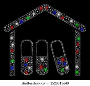 Bright mesh drugs garage with glare effect. White wire carcass polygonal mesh in vector format on a black background. Abstract 2d mesh designed with polygonal grid, spheric points,