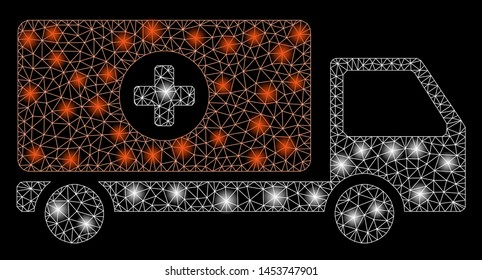 Bright mesh drugs shipment with lightspot effect. Abstract illuminated model of drugs shipment icon. Shiny wire frame polygonal mesh drugs shipment. Vector abstraction on a black background.