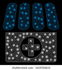 Bright mesh drugstore with glare effect. Abstract illuminated model of drugstore icon. Shiny wire frame triangular mesh drugstore. Vector abstraction on a black background.