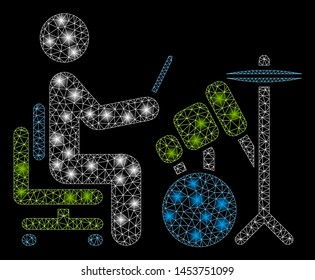 Bright mesh drummer with glare effect. Abstract illuminated model of drummer icon. Shiny wire frame triangular mesh drummer. Vector abstraction on a black background.