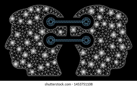 Bright mesh dual heads interface connection with glare effect. Abstract illuminated model of dual heads interface connection icon. Shiny wire frame triangular mesh dual heads interface connection.