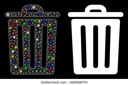 Bright mesh dustbin icon with glow effect. Abstract illuminated model of dustbin. Shiny wire frame triangular mesh dustbin icon. Vector abstraction on a black background.