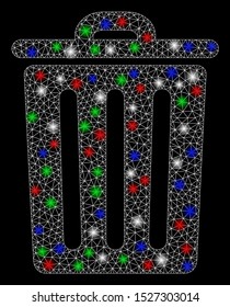 Bright mesh dustbin with lightspot effect. White wire carcass polygonal mesh in vector format on a black background. Abstract 2d mesh designed with polygonal grid, spheric points,
