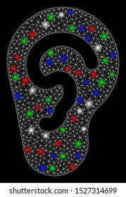 Bright mesh ear with glow effect. White wire frame polygonal mesh in vector format on a black background. Abstract 2d mesh designed with polygonal grid, small circle, colorful flare spots.