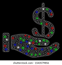 Bright mesh earnings with lightspot effect. White wire frame triangular mesh in vector format on a black background. Abstract 2d mesh designed with triangular lines, dots, colorful flash spots.
