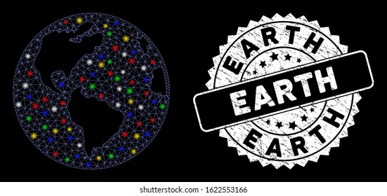 Bright mesh Earth globe with lightspot effect, and seal stamp. Wire frame polygonal Earth globe mesh in vector format on a black background. White round rubber stamp with rubber textures.