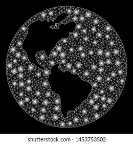 Bright mesh Earth with glow effect. Abstract illuminated model of Earth icon. Shiny wire carcass polygonal mesh Earth. Vector abstraction on a black background.