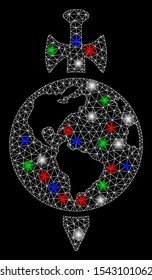 Bright mesh Earth guard with glare effect. White wire frame triangular mesh in vector format on a black background. Abstract 2d mesh designed with triangular lines, dots, colored flare spots.
