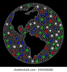 Bright mesh Earth with lightspot effect. White wire frame polygonal mesh in vector format on a black background. Abstract 2d mesh created from triangular lines, points, colored flare spots.