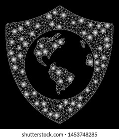 Bright mesh Earth shield with glare effect. Abstract illuminated model of Earth shield icon. Shiny wire carcass triangular mesh Earth shield. Vector abstraction on a black background.