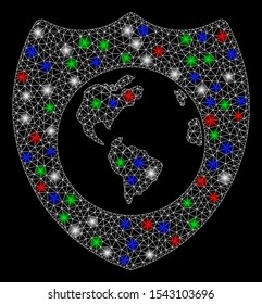 Bright mesh Earth shield with glow effect. White wire frame polygonal mesh in vector format on a black background. Abstract 2d mesh designed with polygonal grid, points, colored light spots.