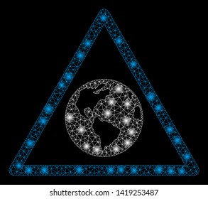 Bright mesh Earth warning with lightspot effect. Abstract illuminated model of Earth warning icon. Shiny wire frame triangular mesh Earth warning. Vector abstraction on a black background.