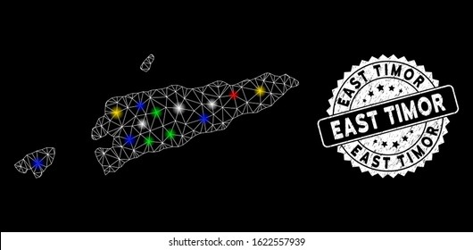 Bright mesh East Timor map with glare effect, and rubber print. Wire carcass triangular East Timor map mesh in vector format on a black background. White round rubber seal with scratched texture.