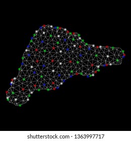 Bright mesh Easter Island map with lightspot effect. Wire frame polygonal mesh in vector format on a black background. Abstract 2d mesh designed with polygonal grid, dots, colorful light spots.