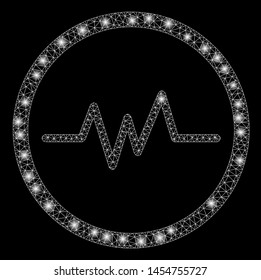 Bright mesh echogram with lightspot effect. Abstract illuminated model of echogram icon. Shiny wire carcass triangular mesh echogram. Vector abstraction on a black background.
