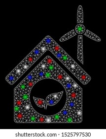 Bright mesh eco house building with lightspot effect. White wire carcass polygonal network in vector format on a black background. Abstract 2d mesh designed with polygonal grid, round dots,