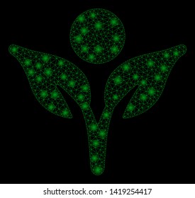 Bright mesh eco man with glare effect. Abstract illuminated model of eco man icon. Shiny wire frame polygonal network eco man. Vector abstraction on a black background.