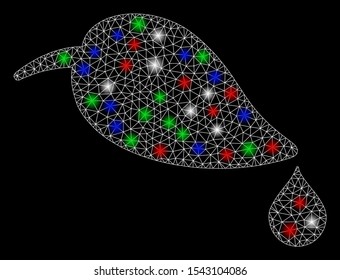 Bright mesh ecology with lightspot effect. White wire frame triangular mesh in vector format on a black background. Abstract 2d mesh designed with triangular lines, spheric points,