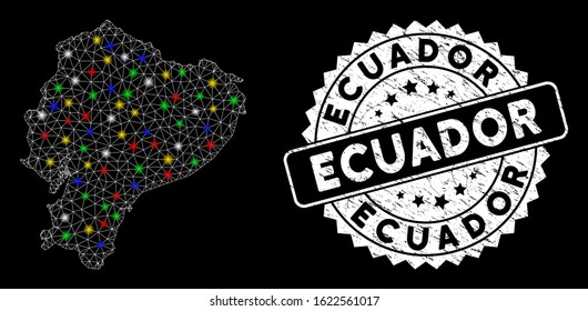 Bright mesh Ecuador map with glare effect, and stamp. Wire frame polygonal Ecuador map network in vector format on a black background. White round stamp with rubber textures.