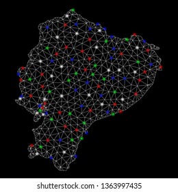 Bright mesh Ecuador map with glow effect. Wire frame polygonal mesh in vector format on a black background. Abstract 2d mesh designed with polygonal grid, round dots, colorful light spots.