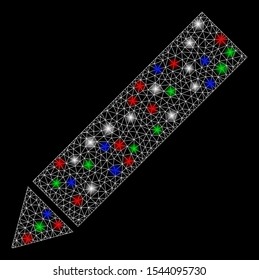 Bright mesh edit with lightspot effect. White wire frame triangular mesh in vector format on a black background. Abstract 2d mesh designed with triangular lines, small circle, colorful flare spots.