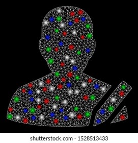 Bright mesh edit user with glare effect. White wire frame triangular mesh in vector format on a black background. Abstract 2d mesh designed with polygonal grid, spheric points, colored flare spots.